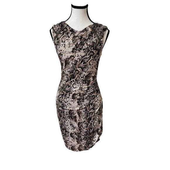 Y2K CACHE ANIMAL PRINT ZIP UP RUCHED DRESS SMALL EUC - Picture 2 of 8